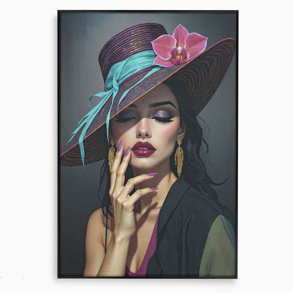 Tablou canvas cu tablou canvas cu portret de femeie cu palarie si orhidee, in rama de aluminiu negru